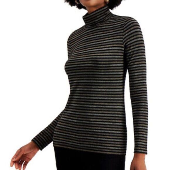 Style & Co Black Metallic-Striped Turtleneck Long Sleeve Top Size S NWT - Picture 1 of 10
